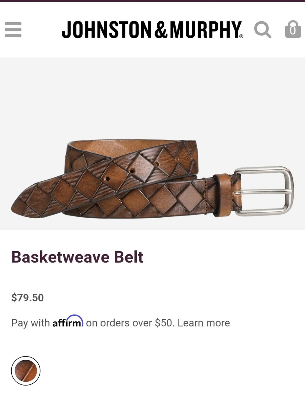 MEN'S JOHNSTON & MURPHY BROWN BASKETWEAVE DIAMOND LEATHER BELT SILVER BUCKLE 40
